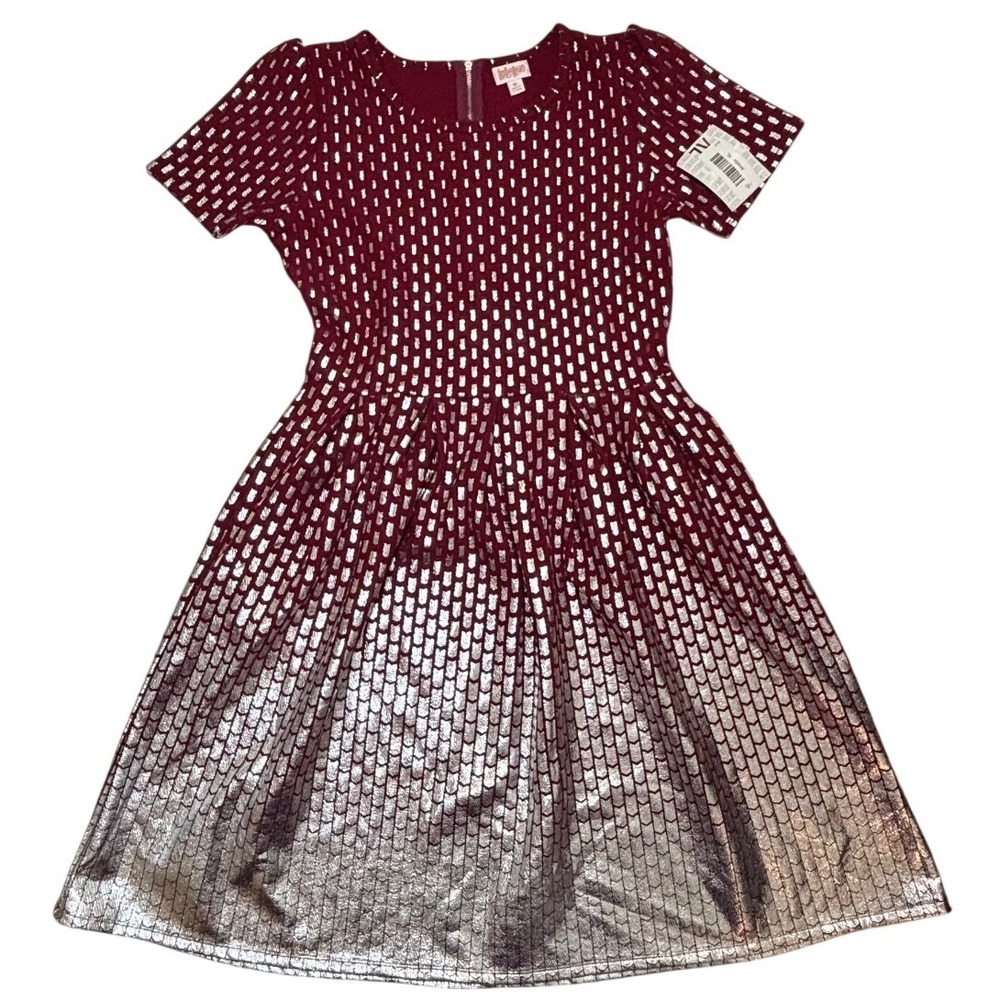LuLaRoe Womens Dress Size XL‎ Amelia Burgundy Red Silver Metallic Ombre Foil NWT